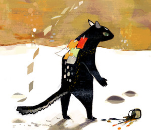 abstract_art ambiguous_gender bucket container creating_art green_eyes note paint solo spill standing tail hakugin felid mammal unknown_species digital_media_(artwork) digital_painting_(artwork) painting_(artwork)
