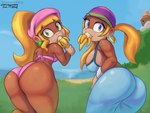 anthro banana big_breasts big_butt bikini bikini_bottom bikini_top blonde_hair blue_bikini_top blue_bottomwear blue_clothing blue_eyes blue_pants bottomwear breasts brown_body brown_fur butt butt_focus clothing duo ear_piercing ear_ring eating eating_food female food fruit fur green_eyes hair hat headgear headwear looking_at_viewer looking_back looking_back_at_viewer multicolored_body multicolored_fur pants piercing pink_bikini_bottom pink_bikini_top plant ponytail ring_piercing swimwear tan_body tan_fur two-piece_swimsuit two_tone_body two_tone_fur triggerpigart donkey_kong_(series) nintendo dixie_kong tiny_kong haplorhine mammal monkey primate 2024 character_name hi_res signature