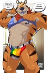 absurd_res anthro barazoku blue_clothing blue_shirt blue_topwear bulge clothed clothing clothing_lift dialogue english_text felid flexing frosted_flakes fur hi_res jockstrap kellogg's lgbt_pride looking_at_viewer male mammal mascot multicolored_clothing multicolored_jockstrap multicolored_underwear muscular muscular_anthro muscular_male nipples orange_body orange_fur pantherine pecs pride_color_clothing pride_color_jockstrap pride_color_underwear pride_colors prime_viridian progress_pride_colors rainbow_pride_colors shirt shirt_lift solo tank_top text tiger tony_the_tiger topwear underwear