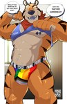 anthro barazoku blue_clothing blue_shirt blue_topwear bulge clothed clothing clothing_lift dialogue flexing fur jockstrap lgbt_pride looking_at_viewer male mascot multicolored_clothing multicolored_jockstrap multicolored_underwear muscular muscular_anthro muscular_male nipples orange_body orange_fur pecs pride_color_clothing pride_color_jockstrap pride_color_underwear pride_colors progress_pride_colors rainbow_pride_colors shirt shirt_lift solo tank_top text topwear underwear prime_viridian frosted_flakes kellogg's tony_the_tiger felid mammal pantherine tiger absurd_res english_text hi_res