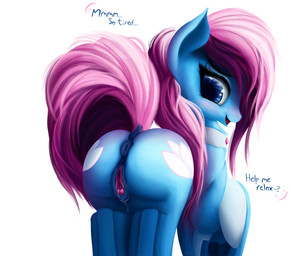 accessory alternate_hairstyle anatomically_correct anatomically_correct_anus anatomically_correct_genitalia anatomically_correct_vulva anus blue_anus blue_body blue_eyes blue_vulva bodily_fluids bow_ribbon butt clitoris collar cutie_mark dialogue dock_(anatomy) eyelashes female feral furgonomics genital_fluids genitals hair hooves looking_back pink_hair pink_tail puffy_anus quadruped ribbons simple_background solo tail tail_accessory tail_bow tail_ribbon talking_to_viewer text underhoof vaginal_fluids vulva white_background wings tyzain friendship_is_magic hasbro my_little_pony lotus_(mlp) earth_pony equid equine horse mammal pony 2018 digital_media_(artwork) english_text hi_res