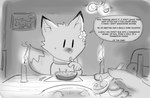 anthro bowl breasts candle cleavage clothed clothing container cutlery dialogue dining_table duo female first_person_view food kitchen_utensils male picture_frame scarf smile spoon stew text tools lilmoonie hoshi_(lilmoonie) ambient_arthropod ambient_fly ambient_insect canid canine fox human mammal 2021 comic english_text greyscale hi_res monochrome