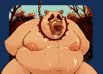 anthro belly big_belly blue_sky bodily_fluids bound chain chained collar cum cum_on_belly cum_on_body cum_on_face cum_on_moobs fangs front_view fur genital_fluids hands_behind_back male male_anthro moobs nipples nude obese obese_anthro obese_male open_mouth outside overweight overweight_anthro overweight_male pink_nipples pink_tongue sky solo spiked_collar spikes tan_body tan_fur teeth tongue chocolateandmilk bear mammal alpha_channel hi_res