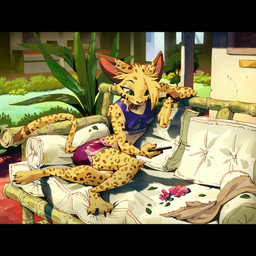 3_toes anthro barefoot bottomwear bracelet breasts cellphone clothing collar detailed_background electronics feet female fur furniture green_eyes head_tuft holding_object jewelry long_tail looking_at_object lounging markings phone pointy_ears shirt shorts sitting small_breasts smartphone sofa solo spots spotted_body spotted_fur spread_toes striped_body striped_fur stripes tail tank_top toes topwear tuft yellow_body yellow_fur ruffu pepper_in_the_sandbox pepper_(ruffu) felid feline mammal serval 1:1 digital_drawing_(artwork) digital_media_(artwork)