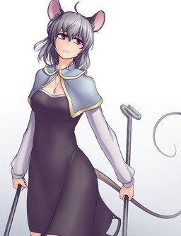 ahoge black_clothing black_dress breasts capelet clothing dowsing_rod dress ear_piercing ear_ring female frown gradient_background grey_hair hair holding_object jewelry long_sleeves necklace pendant piercing red_eyes ring_piercing simple_background solo standing tail hater_(hatater) touhou nazrin animal_humanoid humanoid mammal mammal_humanoid mouse_humanoid murid murid_humanoid murine murine_humanoid rodent rodent_humanoid hi_res portrait three-quarter_portrait