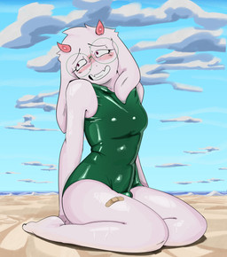 anthro bandage bandaged_leg beach bodily_fluids bulge clothing glistening glistening_body male sitting solo sweat swimwear awfulxen deltarune undertale_(series) ralsei bovid caprine goat mammal absurd_res hi_res tagme