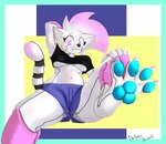 abstract_background anthro belly black_clothing black_shirt black_topwear blue_pawpads bottomwear breasts clothing denim denim_bottomwear denim_clothing denim_shorts feet female hair hand_behind_head hand_on_knee hand_on_leg hotpants machine navel pawpads paws perspective pink_eyes pink_hair shirt shorts solo spread_toes toes topwear under_boob white_body delaysjewel leah_(delaysjewel) robot robot_anthro absurd_res hi_res