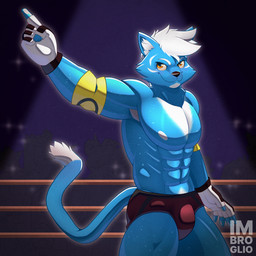 abs anthro black_nose blue_body blue_fur bodily_fluids bottomwear bulge clothed clothing fight fighting_ring fur hair handwear male multicolored_body multicolored_fur muscular muscular_anthro muscular_male nipples orange_eyes pants pose shorts smile solo sport stadium standing sweat sweatdrop tail topless topless_anthro topless_male white_hair wrestler wrestling_briefs wrestling_clothing wrestling_outfit imbroglio_24 domestic_cat felid feline felis mammal 1:1