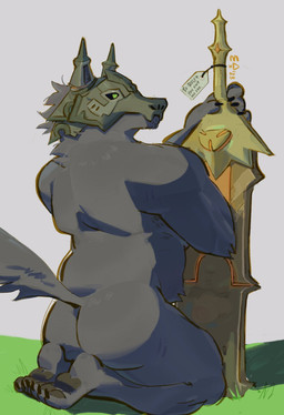 anthro armor balls belly big_butt body_hair butt claws exposing_reflection feet finger_claws fur genitals grass green_eyes grey_body grey_fur happy_trail headgear headgear_only helmet helmet_only hindpaw humanoid_genitalia humanoid_penis kneeling knight male melee_weapon navel nude overweight pawpads paws penis plant pubes rear_view reflection simple_background slightly_chubby slightly_chubby_male solo sword tail toe_claws warrior weapon gabbagebin cygames world_flipper rolf_(world_flipper) canid canine canis mammal wolf digital_media_(artwork) full-length_portrait hi_res portrait