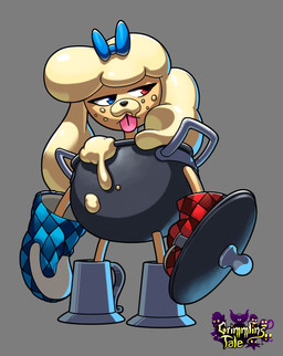 anthro black_nose blue_bow blue_clothing blue_eyes blue_handwear blue_oven_mitts boots cauldron clothing container cup eyelashes female food footwear freckled_face freckles grey_background grey_boots grey_clothing grey_footwear hair handwear head_bow heterochromia holding_object holding_pot_lid light long_ears mug oven_mitts pink_tongue pot_lid red_clothing red_eyes red_handwear red_oven_mitts shoes short_hair simple_background solo standing tan_body tan_hair text title tongue tongue_out inkarat_mittongtare grimmlins_tale canid food_creature grimmlin mammal pupporidge 2022 absurd_res colored digital_drawing_(artwork) digital_media_(artwork) english_description english_text full-length_portrait hi_res lighting official_art portrait shaded