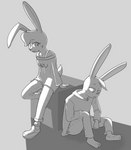 anthro barefoot clothing cube_(object) duo eye_contact feet female footwear head_tuft hoodie looking_at_another male shoes shoulderless_shirt simple_background sitting slouching topwear tuft uwu agidyne rose_(agidyne) stephen_(agidyne) lagomorph mammal 2021 hi_res monochrome cousins_(lore)