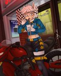 anthro blue_eyes bottomwear breasts clothed clothing eyewear female food fur glasses hair midriff motorcycle navel noodles open_mouth pink_nose shorts solo vehicle white_body white_fur white_hair in_abyss domestic_cat felid feline felis mammal 2025 4:5 hi_res