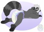 anthro black_pawpads bodily_fluids clothed clothing diaper fur furgonomics genital_fluids green_eyes grey_body grey_fur hair lavender_(diaper) lying markings on_front pawpads sagging_diaper solo striped_markings striped_tail stripes tail tail_markings unclean_diaper urine used_diaper wearing_diaper wet_diaper wetness_indicator wetting rileykit abuniverse lavender_(abuniverse) mammal procyonid raccoon 2020