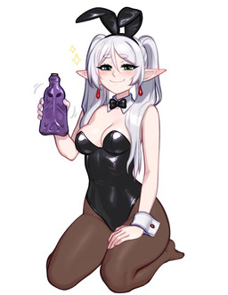 blush bottle bow_tie breasts bunny_costume clothing container costume ear_piercing eyebrows eyelashes fake_ears fake_rabbit_ears female glistening green_eyes hair hand_on_leg hand_on_thigh humanoid_pointy_ears kneeling legwear leotard not_furry pantyhose piercing pointy_ears shirt_collar shirt_cuffs smile solo sparkles twintails_(hairstyle) white_hair blushy_pixy frieren_beyond_journey's_end frieren elf humanoid 2025 hi_res