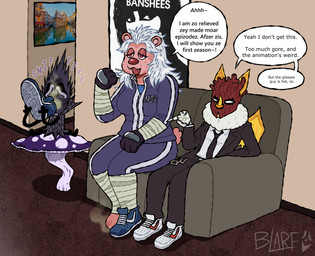 clothing cosplay dialogue feet foot_fetish footwear furniture mask musk shoe_sniffing shoes sitting smell_fetish smelly smelly_feet smelly_shoes sneakers sniffing sniffing_clothes sofa text wearing_mask blarf022 dorohedoro blarf_(blarf022) en_(dorohedoro) noi_(dorohedoro) sherry_bear_(blarf022) shin_(dorohedoro) vranda_von_bat_(blarf022) bat bear honduran_white_bat humanoid kinx_(blarf022) leaf-nosed_bat mammal microbat yangochiropteran 2026 absurd_res english_text hi_res