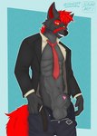 animal_genitalia anthro canine_genitalia clothing genitals lipsticking looking_at_viewer male sheath simple_background smile solo suit suit_and_tie hidewolff lubanart fury_(furythewolf) canid canine canis mammal wolf digital_media_(artwork) hi_res