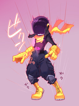 5_fingers anthro armor belt belt_buckle belt_pouch black_body black_bottomwear black_clothing black_fur black_pants boots bottomwear buckle cargo_pants clothing ears_down emanata fingers footwear fur gloves handwear headgear headwear helmet kerchief long_boots long_ears magical_tattoo male motion_lines pants pink_background pivoted_ears rabbit_ears scar scarf shin_guards shirtless shirtless_anthro shirtless_male shocked shoelaces shoes simple_background solo straps superhero text womb_tattoo yellow_boots yellow_clothing yellow_footwear yellow_gloves yellow_handwear yellow_kerchief yellow_scarf young young_anthro young_male zumi lagomorph leporid mammal rabbit 3:4 absurd_res hi_res japanese_text