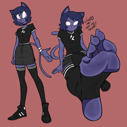 5_fingers 5_toes anthro black_clothing black_footwear black_legwear black_shirt black_shoes black_thigh_highs black_topwear bottomwear clothed clothed_anthro clothed_female clothing dialogue feet female fingers foot_focus footwear fur hair humanoid_feet legwear pink_nose plantigrade purple_body purple_fur purple_hair shirt shoes simple_background skirt stirrup_legwear stirrup_stockings stirrup_thigh_socks stockings tail text thigh_highs toes topwear white_sclera kimberco seraphinxa_(kimberco) domestic_cat felid feline felis mammal 1:1 english_text hi_res