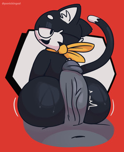 anthro big_butt big_penis black_body black_eyes black_fur bodily_fluids butt disembodied_penis duo fur genital_fluids genitals half-closed_eyes hot_dogging huge_butt huge_penis humanoid_genitalia humanoid_penis kerchief looking_back male male/male male_anthro markings mask narrowed_eyes neckerchief neckwear outercourse penile penis precum raised_tail rear_view sex shortstack shortstack_male simple_background solo_focus sweat sweaty_butt tail tail_markings text white_body white_fur panickingad atlus megami_tensei persona_(series) persona_5 sega morgana_(persona) domestic_cat felid feline felis mammal tuxedo_cat 2023 digital_media_(artwork) hi_res