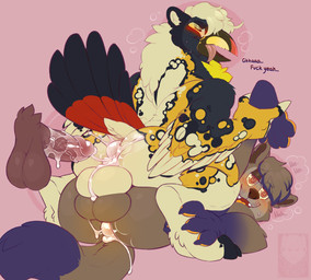 after_anal anthro anus backsack balls balls_touching beak bodily_fluids brown_body brown_fur bubble cum cum_bubble cum_drip cum_in_ass cum_inside cum_on_penis disembodied_penis dripping fur genital_fluids genitals group humanoid_genitalia humanoid_penis looking_at_viewer looking_back male male/male open_mouth penis pink_background purple_body purple_fur simple_background sitting_on_another thick_thighs tongue tongue_out touching_face trio yellow_body yellow_fur sinisterheaven mythology avian canid canine canis gryphon mammal mythological_avian mythological_creature wolf hi_res