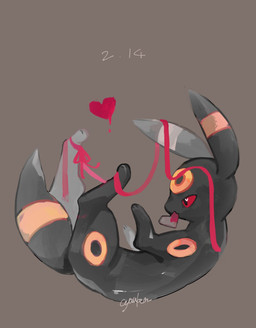 ambiguous_gender black_body feral heart_symbol holidays markings object_in_mouth paws red_eyes ribbons ring_(marking) simple_background solo tail ouahloup nintendo pokemon valentine's_day eeveelution generation_2_pokemon pokemon_(species) umbreon 2025 dated hi_res signature
