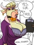 anthro big_breasts bra breasts cleavage clipboard clothed clothing cowbell dialogue ear_piercing eyeshadow female holding_clipboard holding_object hooves horn lipstick makeup piercing power_suit purple_eyeshadow solo speech_bubble teeth text tongue underwear seanmalikdesigns cartoon_network johnny_bravo_(series) cow_lady_(johnny_bravo) bovid bovine cattle mammal 2023 english_text hi_res