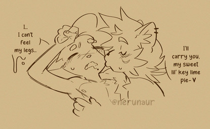 4_fingers after_sex anthro blissful_mouth blush blush_lines dialogue duo ear_piercing ear_ring eyebrows eyes_closed facial_scar fingers fur head_tuft heart_symbol inner_ear_fluff kissing kissing_cheek male male/male male_anthro monotone_background nipples pawpads piercing ring_piercing scar short_snout simple_background snout snout_scar text tuft twitter_handle nerunaur errato_(noirzvault) spot_(noirzvault) felid feline mammal 2025 artist_name digital_drawing_(artwork) digital_media_(artwork) english_text line_art