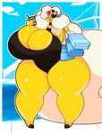 2024 ampharos bag big_breasts big_butt breasts butt clothing container cup dewbber digital_media_(artwork) female generation_2_pokemon generation_6_pokemon hi_res huge_breasts mega_ampharos mega_evolution nintendo pokemon pokemon_(species) shopping_bag solo stairs swimwear thick_thighs trish_(dewbber)