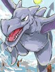 cloud flying green_eyes open_mouth open_smile sky smile snout solo sun teeth tongue wings level5pencil nintendo pokemon aerodactyl fossil_pokemon generation_1_pokemon pokemon_(species) 2014 digital_media_(artwork) digital_painting_(artwork)