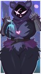 >:3 anthro big_breasts blush blush_lines breasts clothing female fur heart_symbol hood hoodie pose pouring pouring_on_breasts pouring_onto_self purple_body purple_fur shadow_face solo thick_thighs topwear wide_hips hachikxma epic_games fortnite raven_team_leader bear mammal hi_res pinup