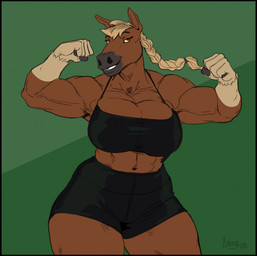 5_fingers anthro biceps big_breasts big_muscles black_border black_bottomwear black_bra black_clothing black_eyebrows black_shorts black_underwear blonde_hair border bottomwear bra braided_hair braided_ponytail breasts brown_body brown_fur cleavage cleavage_overflow clothed clothing countershade_hands countershading eyebrows eyelashes female fingers fist flexing flexing_bicep flexing_both_biceps fully_clothed fur glistening glistening_eyes gradient_background hair looking_at_viewer midriff muscular muscular_anthro muscular_arms muscular_female muscular_thighs navel orange_eyes pecs pecs_with_breasts ponytail shorts simple_background smile smiling_at_viewer solo sports_bra standing teeth thick_thighs underwear mainlinemojo freyja_(hrossavit) equid equine horse mammal 2022 dated digital_media_(artwork) hi_res portrait signature three-quarter_portrait