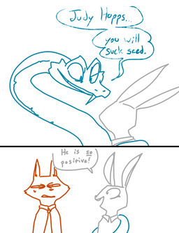 2_panel_comic anthro blue_body blue_scales bodily_fluids clothing coiling collared_shirt color_coded color_coded_speech_bubble color_coded_text eye_contact female female_anthro feral group larger_male long_ears looking_at_another male male_anthro male_feral narrowed_eyes necktie one_fang open_mouth scales shirt simple_background size_difference smaller_female speech_bubble sweat sweatdrop text topwear trio white_background the_weaver disney zootopia gary_de'snake judy_hopps nick_wilde canid canine fox lagomorph leporid mammal rabbit red_fox reptile scalie snake true_fox 2025 colored_line_art comic digital_drawing_(artwork) digital_media_(artwork) handwritten_text