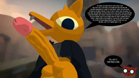 anthro balls big_penis bottomless bottomless_male circumcised clothed clothing dialogue duo erection genitals glans huge_penis humanoid_genitalia humanoid_penis long_penis low-angle_view male male/male offscreen_character penis profanity sound_effects speech_bubble text train vehicle vein veiny_penis yapping colonthreeguy night_in_the_woods angus_delaney gregg_lee bear canid canine fox mammal 16:9 3d_(artwork) 4k absurd_res digital_media_(artwork) english_text hi_res widescreen