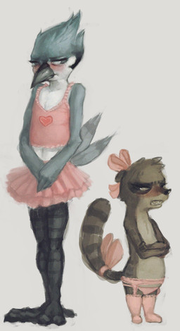 2_toes accessory angry anthro avian_feet beak black_clothing black_legwear blush bottomwear bow_(feature) bow_accessory bow_ribbon brown_body brown_fur centered_hair_bow clothed clothing crossdressing crossed_arms dancewear duo embarrassed feathers feet femboy footwear fully_clothed fur furgonomics garter_belt garter_straps grey_background hair_accessory hair_bow hair_ribbon heart_clothing heart_print heart_shirt heart_symbol heart_topwear lace legwear male markings midriff panties pattern_clothing pattern_legwear pattern_stockings pink_bottomwear pink_bow pink_clothing pink_footwear pink_legwear pink_panties pink_socks pink_topwear pink_underwear print_clothing print_shirt print_topwear ribbons ring_(marking) ringed_tail shirt simple_background skirt socks stockings striped_clothing striped_legwear striped_markings striped_stockings striped_tail stripes tail tail_accessory tail_bow tail_feathers tail_markings tail_ribbon tank_top teeth thigh_highs thigh_socks toes topless topwear tutu underwear crookedtrees cartoon_network regular_show mordecai_(regular_show) rigby_(regular_show) avian bird blue_jay corvid jay_(bird) mammal new_world_jay oscine passerine procyonid raccoon full-length_portrait hi_res portrait