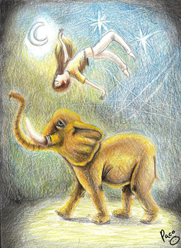 abstract_background ambiguous_feral ambiguous_gender clothed clothing duo female female_human feral moon proboscis_(anatomy) shirt side_view simple_background star t-shirt topwear trunk_(anatomy) yellow_body yellow_clothing yellow_shirt yellow_t-shirt yellow_topwear pandapaco elephant elephantid human mammal proboscidean hi_res traditional_media_(artwork)