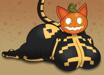 anthro big_butt bodysuit butt clothing female food for_a_head fruit holidays jack-o'-lantern looking_at_viewer lying on_front plant pumpkin pumpkin_head skinsuit solo tight_clothing mechaclank epic_games fortnite halloween spice_(fortnite) domestic_cat felid feline felis mammal object_head hi_res