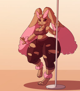anthro bedroom_eyes big_butt black_sclera breasts butt cleavage clothed clothing dipstick_ears ear_markings female huge_butt huge_thighs lips looking_at_viewer multicolored_ears narrowed_eyes pole red_eyes seductive smile solo stripper_pole thick_thighs tight_clothing torn_clothing wide_hips cocomania nintendo pokemon generation_4_pokemon lagomorph lopunny mammal pokemon_(species) shiny_pokemon absurd_res hi_res