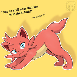 :3 all_fours anthro black_nose blue_eyes breasts cheek_tuft dialogue facial_tuft fangs female looking_at_viewer pink_body simple_background small_breasts solo stretching tail teeth text tuft yellow_background dedazzdizzy palworld pocketpair cattiva pal_(species) hi_res