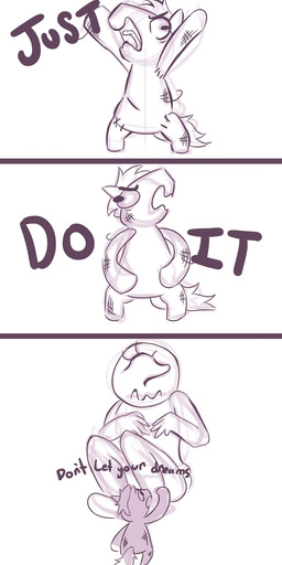dialogue duo eyelashes female humor male open_mouth plushie question_mark text tongue unknown_artist toybox_pals anon colt_(weaver) equid equine horse human mammal english_text hi_res
