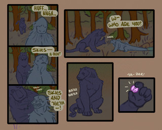 4_eyes bared_teeth bristled_fur button_(fastener) dialogue duo fangs fanguris forest forest_background long_tail looking_pleasured male multi_eye paws plant quadruped shrub size_difference startled tail teeth text tree whiskers muddymaggot francois_(r4wry) mauvit'fur du'wehyi comic english_text hi_res