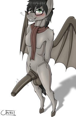 anthro bat_wings big_penis black_hair black_tail blush brown_body eyewear femboy genitals glasses green_eyes hair high-angle_view hooves huge_penis looking_at_viewer male membrane_(anatomy) membranous_wings nude penis presenting presenting_penis scarf shadow shy simple_background slim solo tail white_background wings onyxmeow hasbro my_little_pony cornerstone_(rustlerustle) bat_pony equid mammal absurd_res hi_res