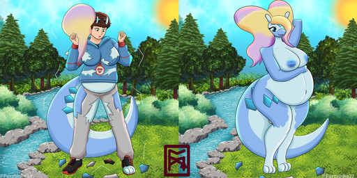 3_toes antennae_(anatomy) anthro asymmetrical_transformation blue_body blue_eyes clothing eye_expansion feet female footwear gender_transformation human_to_anthro male pokemorph pregnant rapid_pregnancy shoe_burst shoes species_transformation standing tail thick_tail thick_thighs toes torn_clothing transformation transformation_sequence furminko27 nintendo pokemon aurorus fossil_pokemon generation_6_pokemon goodra human mammal pokemon_(species) scalie 2:1 absurd_res hi_res sequence