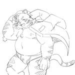 anthro belly big_belly briefs bulge clothing male moobs nipples overweight overweight_male simple_background solo underwear dokyudokyu1 felid mammal pantherine tiger 1:1 2022 hi_res monochrome sketch