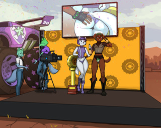 alcohol anthro armor award beverage butt butt_grab camera champagne clothed clothing collar desert electronics female fingerless_gloves gloves grope group hand_on_butt handwear headgear helmet jacket male monster_truck outside racing_helmet screen skimpy sleeveless_clothing speedo spiked_collar spikes stage swimwear television topwear trophy truck vehicle diacordst paw_patrol boomer_(paw_patrol) roxi_(paw_patrol) bullmastiff canid canine canis domestic_dog mammal mastiff molosser nordic_sled_dog samoyed spitz 5:4 hi_res