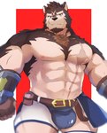 abs anthro belt biped bulge chest_tuft clothing male male_anthro muscular muscular_anthro muscular_arms muscular_male nipples pecs scar solo thong tuft underwear mine_miki0840 anothereidos_of_dragon_vein_r billford canid canine canis mammal wolf hi_res