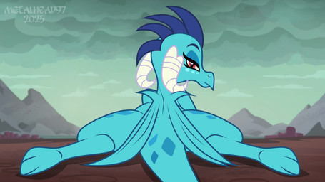 blue_body female feral horn looking_at_viewer lying membrane_(anatomy) membranous_wings on_model pose pupils red_eyes slit_pupils solo sploot wings metalhead97 black_betty_(meme) friendship_is_magic hasbro my_little_pony mythology princess_ember_(mlp) dragon mythological_creature mythological_scalie scalie 16:9 absurd_res hi_res meme widescreen