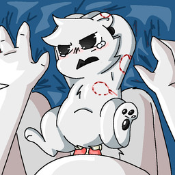 bite_mark bodily_fluids duo fur male tears white_body white_fur una_mayonesa bip_(gibthom) gib_(gibthom) mammal unknown_species 1:1