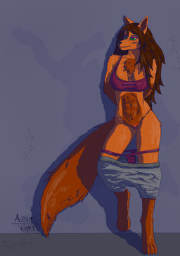 anthro bottomwear bra breasts brown_hair clothing curvy_figure digitigrade female fur genitals green_eyes grey_bottomwear grey_clothing grey_pants hair hands_behind_back leaning_on_wall long_hair lowered_panties lowered_pants orange_body orange_fur panties pants purple_bra purple_clothing purple_panties purple_underwear simple_background solo tail underwear vulva wall_(structure) azurgyn canid canine fox mammal digital_drawing_(artwork) digital_media_(artwork) hi_res signature