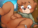 4_fingers anthro anus balls bent_legs black_eyes blush bottomless bottomless_male brown_body brown_fur brown_hair butt clothed clothing cockpit erection fingers foreskin fur genitals hair happy heart_symbol humanoid_genitalia humanoid_penis lying male navel on_back penis perineum solo spread_legs spreading tail topwear topwear_only window young young_anthro young_male yamausagi0619 disney talespin kit_cloudkicker bear mammal 2025 english_description japanese_description