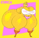 anthro big_breasts big_butt breasts butt clothing female freckles glistening glistening_breasts glistening_butt glistening_legs huge_breasts huge_butt huge_thighs hyper hyper_butt hyper_thighs looking_at_viewer non-mammal_breasts shirt smile solo tank_top text thick_thighs thong topwear underwear yellow_body schplingnops five_nights_at_freddy's scottgames chica_(fnaf) avian bird chicken galliform gallus_(genus) phasianid 2025 english_text hi_res